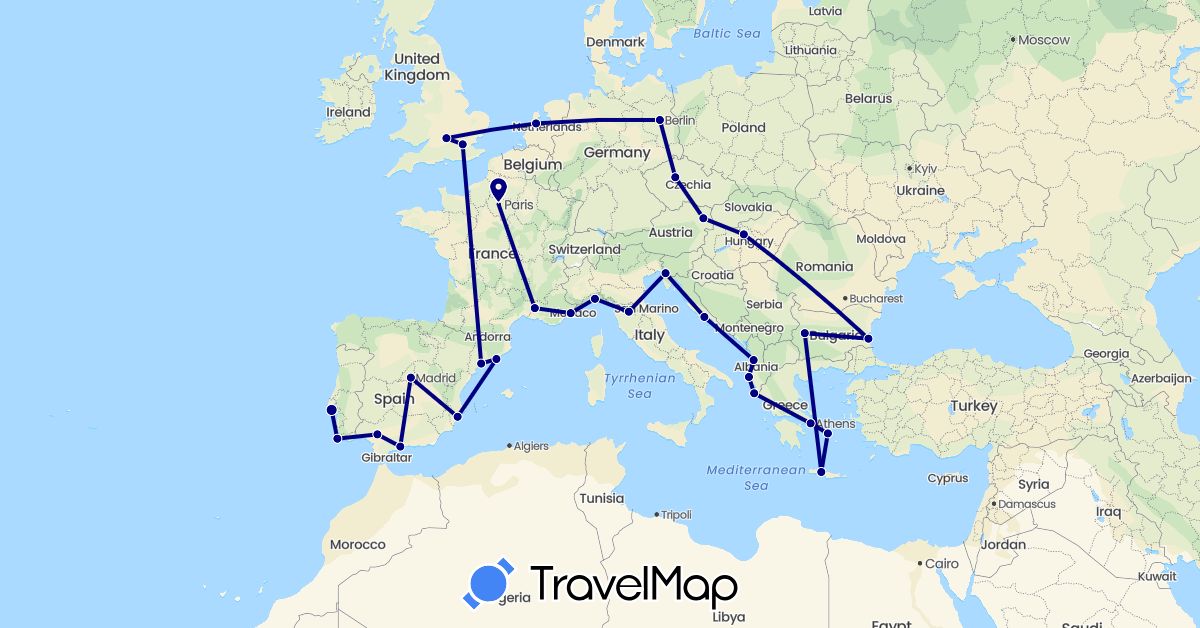 TravelMap itinerary: driving in Albania, Austria, Bulgaria, Czech Republic, Germany, Spain, France, United Kingdom, Greece, Croatia, Hungary, Italy, Netherlands, Portugal (Europe)